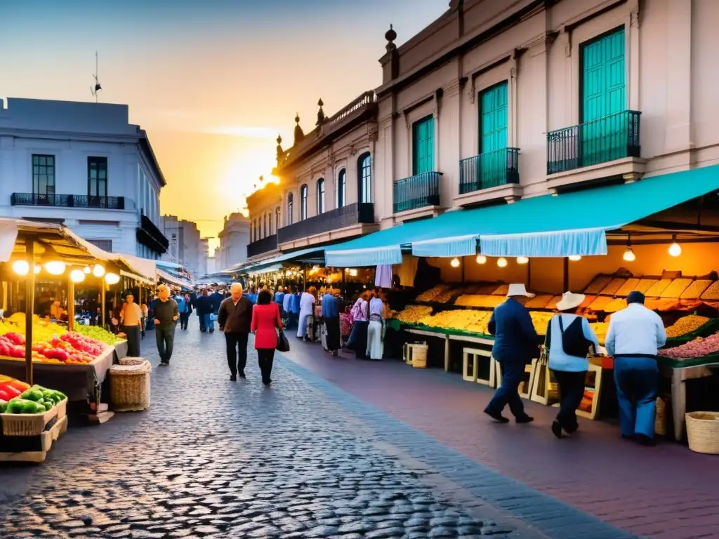 Mercado del Puerto en Montevideo, Uruguay, lleno de vida y color al atardecer, reflejando los vibrantes retratos culturales de Uruguay