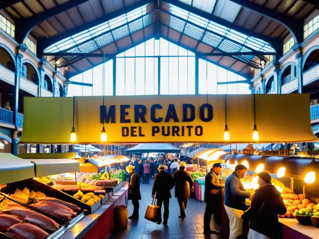 Mercado del Puerto Uruguay cultura viva: vendedores, parrilladas humeantes, risas en mesas rústicas, todo bajo una estructura de hierro del siglo XIX, bañada por luz dorada