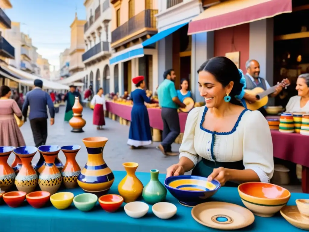 Mercado del siglo XIX en Montevideo: herencia cultural inmigración española Uruguay, reflejada en cerámicas coloridas y la música de una guitarra