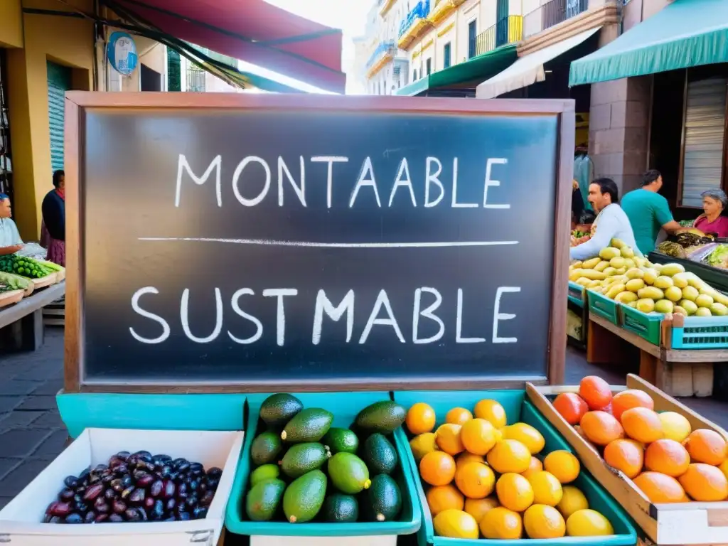 Mercado soleado en Montevideo, Uruguay, rebosante de productos locales frescos, ideal para una 'Guía gastronómica turista responsable Uruguay'