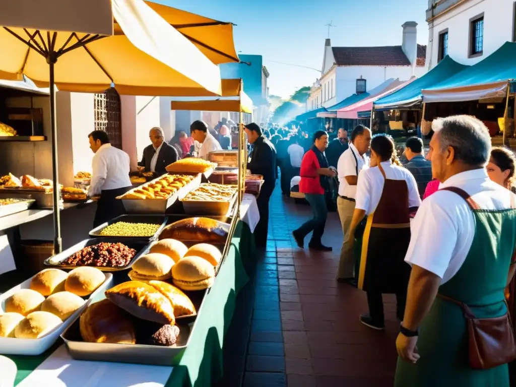 Mercado uruguayo bullicioso, bañado en luz dorada, despliega lo mejor de la gastronomía local: asado, chivito y empanadas