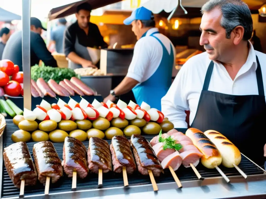 Mercado uruguayo bullicioso, resplandeciendo con la cultura culinaria uruguaya tradicional, destacándose un Chivito en la parrilla central