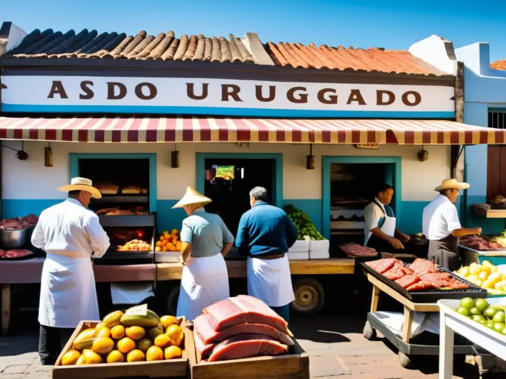 Mercado uruguayo bullicioso, con la gastronomía tradicional uruguaya en el foco: un asado a la parrilla humeante