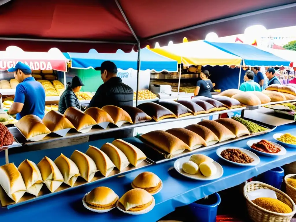 Mercado uruguayo bullicioso, exhibiendo la gastronomía diversa uruguaya regiones culinarias, con chivitos, empanadas y asados vibrantes