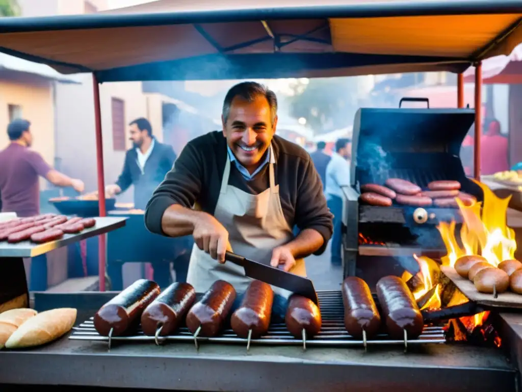 Mercado uruguayo bullicioso al amanecer, un hombre cálido prepara Choripan en un puesto lleno de gastronomía tradicional uruguaya