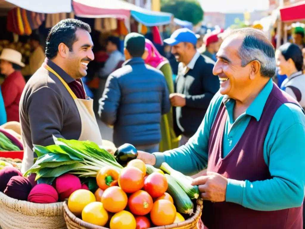 Mercado uruguayo bullicioso, muestra el impacto económico y social de la inmigración en Uruguay, con puestos llenos de color y diversidad cultural