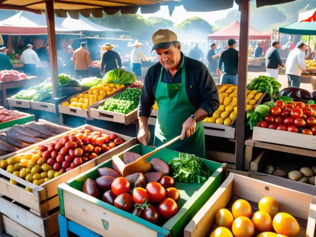 Mercado uruguayo bullicioso bajo el sol dorado, exhibiendo la diversa gastronomía uruguaya y las regiones culinarias en su esplendor