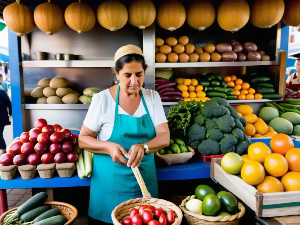 Mercado uruguayo lleno de vida en Montevideo, donde una sabia mujer prepara el tradicional 'Chivito'