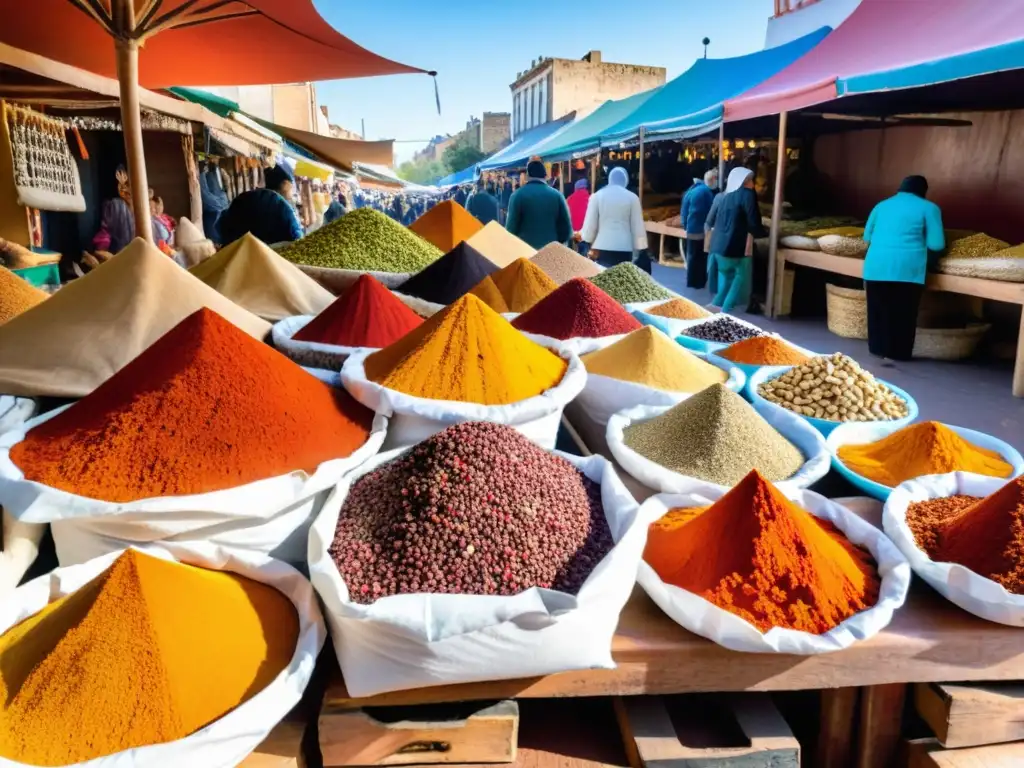 Mercado uruguayo vibrante, donde la gastronomía uruguaya influencia inmigrantes, con especias de Oriente Medio y empanadas árabes