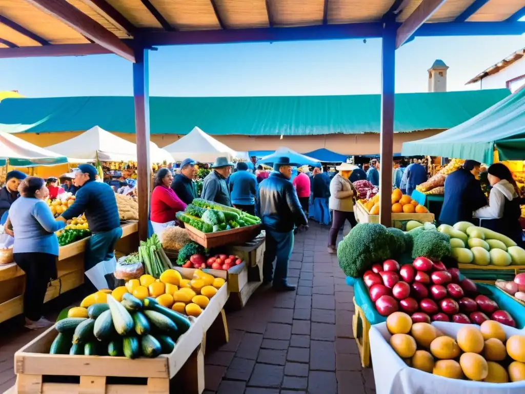 Mercado uruguayo vibrante, repleto de alimentos y bebidas saludables en Uruguay, con vendedor organizando productos frescos