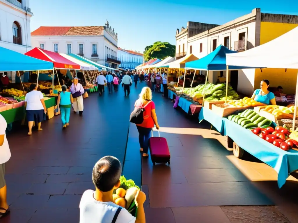 Mercado uruguayo vibrante bajo el sol, familias explorando con fascinación y preparando su viaje con los mejores destinos familiares en Uruguay