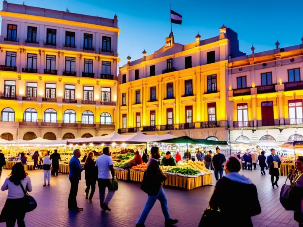 Mercado vibrante en Montevideo, Uruguay, lleno de artesanos y comida tradicional