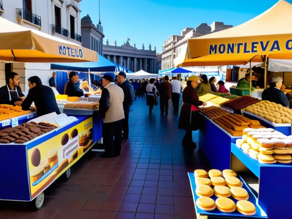 Mercado vibrante en Montevideo, lleno de dulces típicos de la gastronomía tradicional uruguaya, con vendedores explicando sus historias