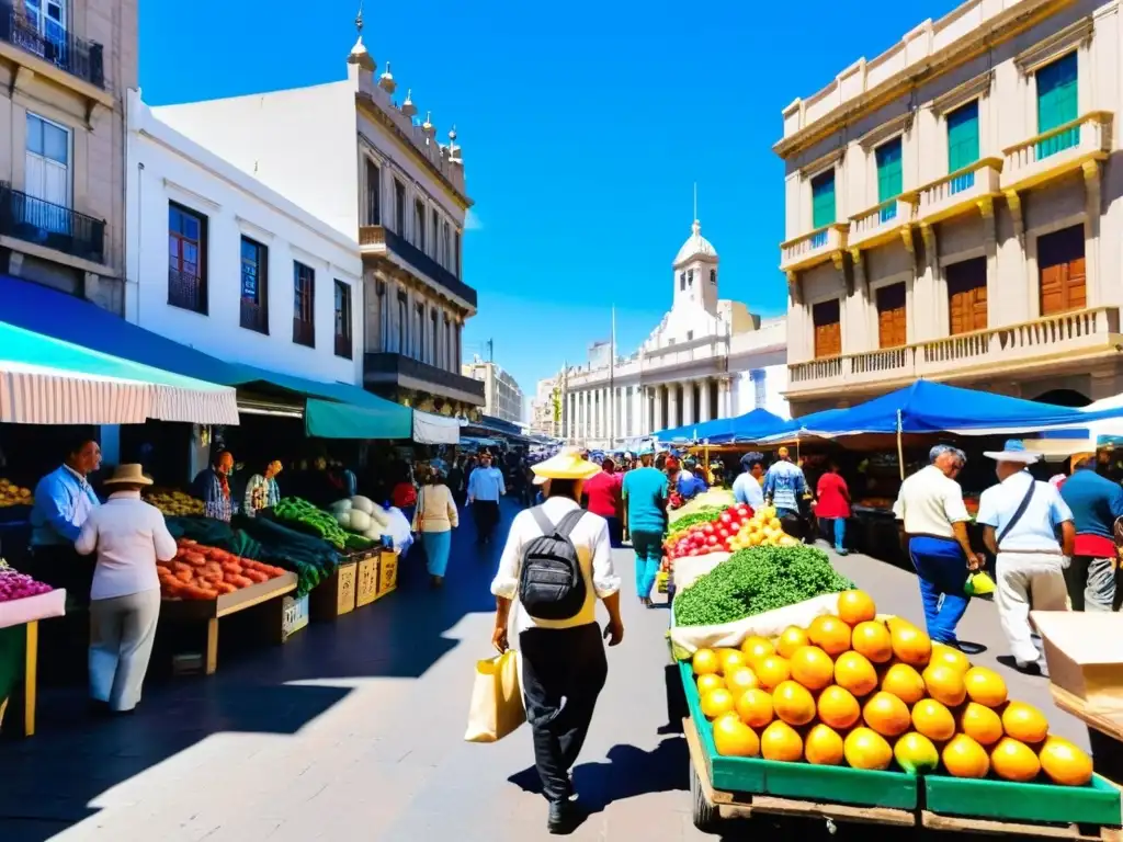 Mercado vibrante en Montevideo, Uruguay, lleno de vendedores, compradores y consejos de alojamiento económico en Uruguay