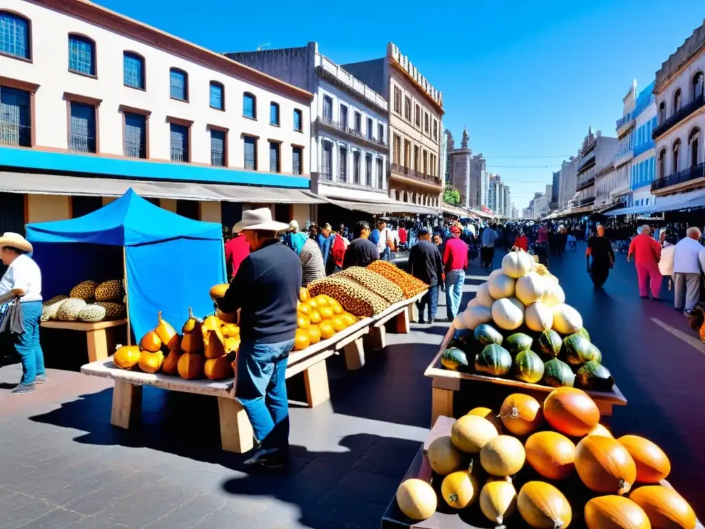 Mercado vibrante en Montevideo, Uruguay, donde un local elegante aplica consejos para ahorrar dinero, negociando y valorando artesanías