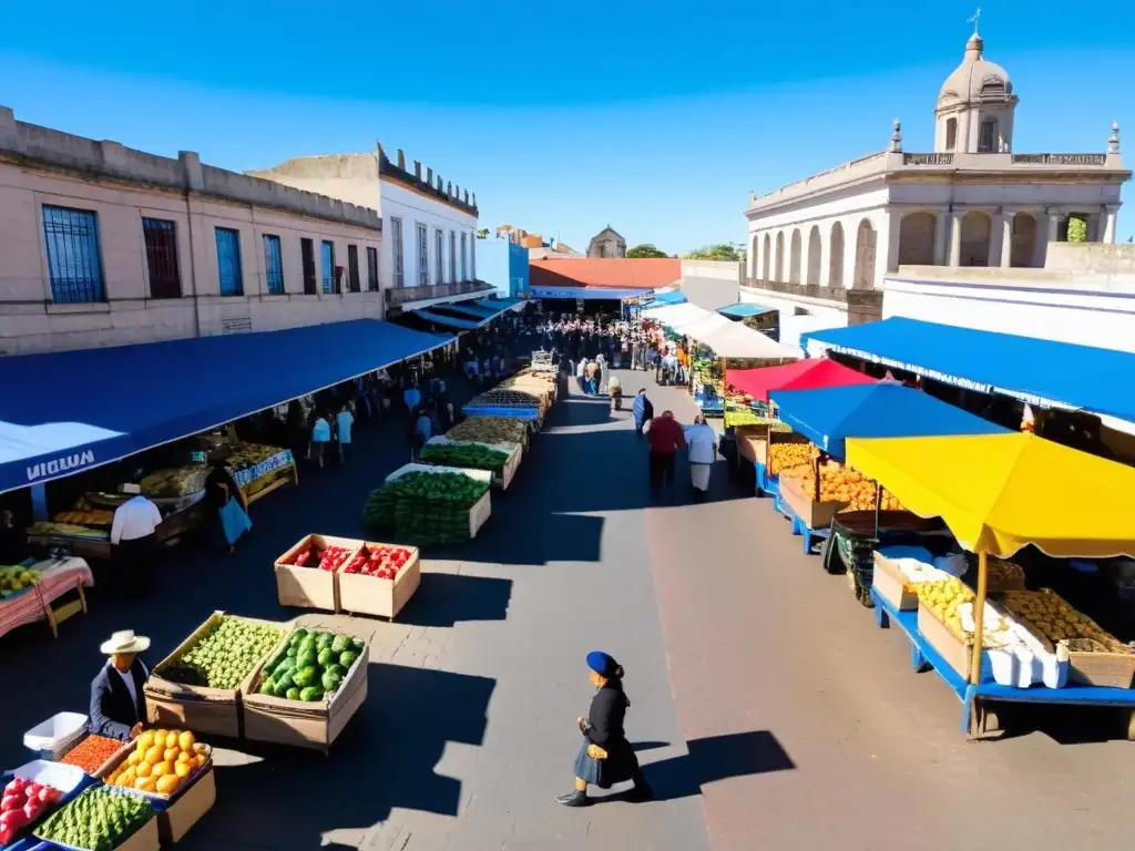 Mercado vibrante en Uruguay, uno de los mejores lugares para comer barato, deleitándose con productos frescos y locales