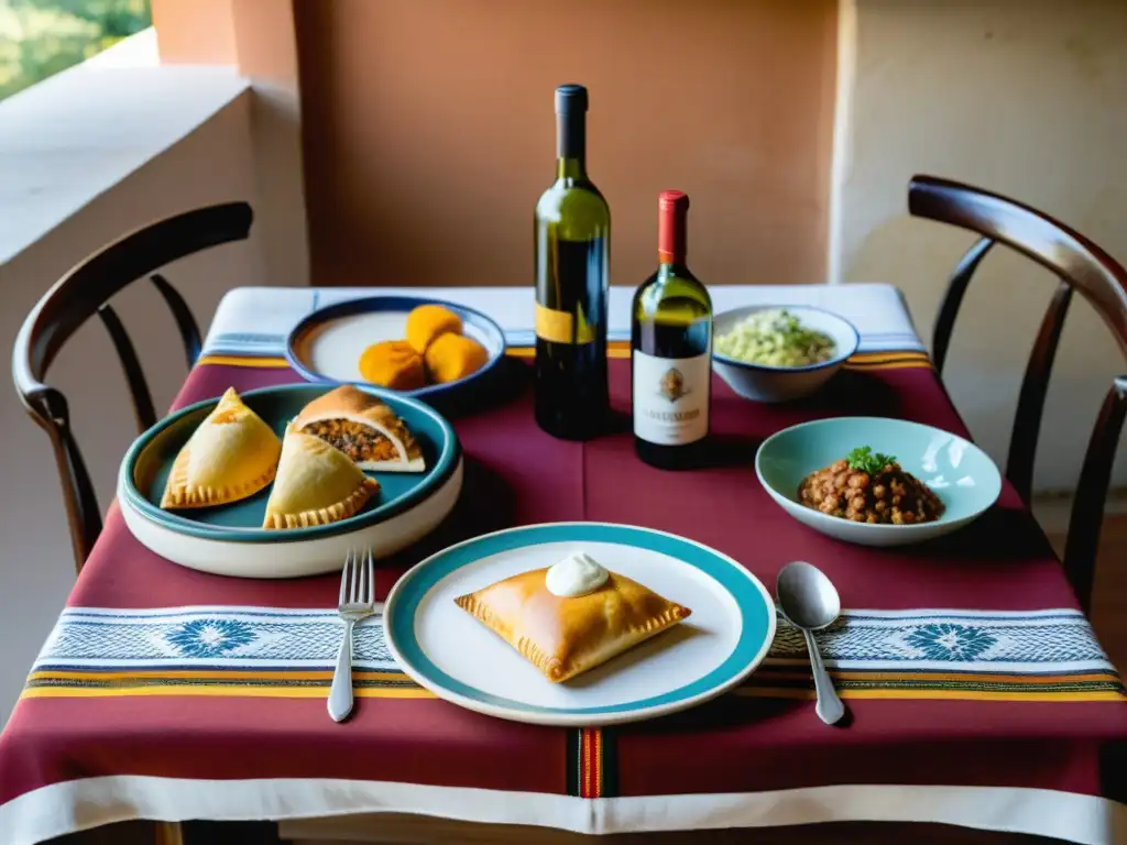 Mesa elegante con maridaje de platos uruguayos y vinos, iluminada con suaves velas bajo un cielo estrellado en 8K