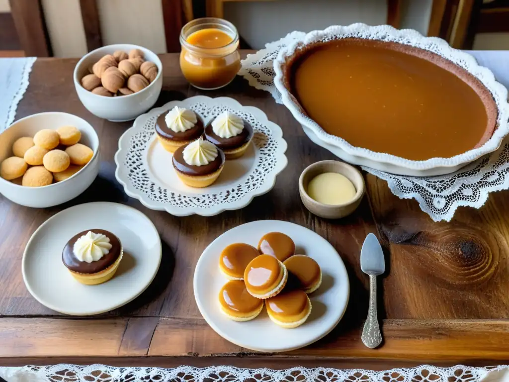 Mesa rústica cubierta de deliciosos postres uruguayos tradicionales bajo una luz cálida y acogedora, evocando la rica historia culinaria de Uruguay