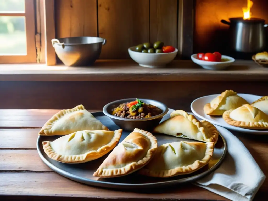 Mesa rústica uruguaya iluminada por luz dorada, mostrando receta auténtica de empanadas uruguayas, ingredientes frescos y mate tradicional