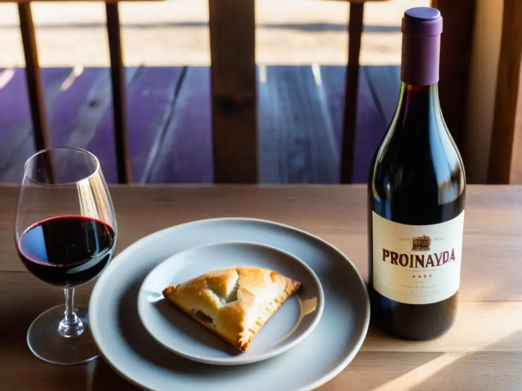 Mesa rústica iluminada por luz cálida, presenta vino Tannat uruguayo junto a receta auténtica empanadas uruguayas, evocando tradición y cultura