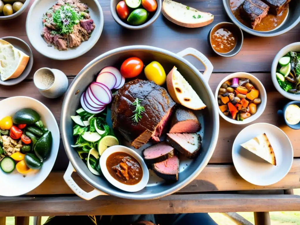 Una mesa rústica llena de delicias de la gastronomía rural Uruguay, con asado humeante, ensaladas coloridas y pan casero, bajo el atardecer dorado