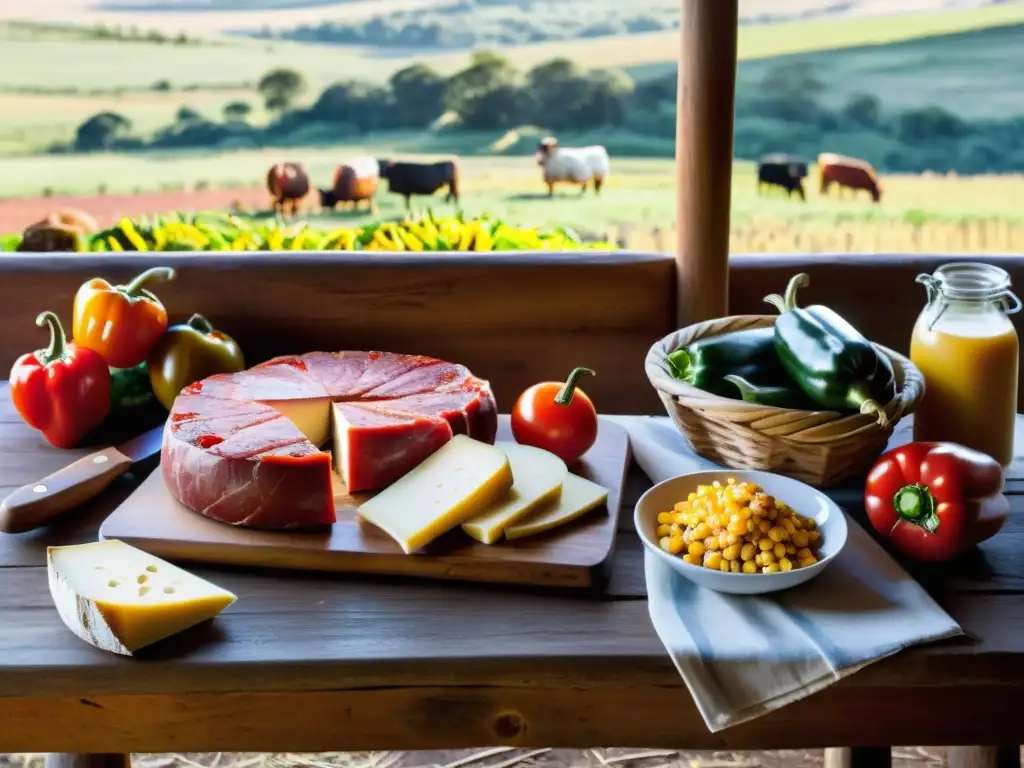 Mesa rústica rebosante de la rica gastronomía rural de Uruguay, con ingredientes frescos y tradicionales bajo un cielo azul brillante