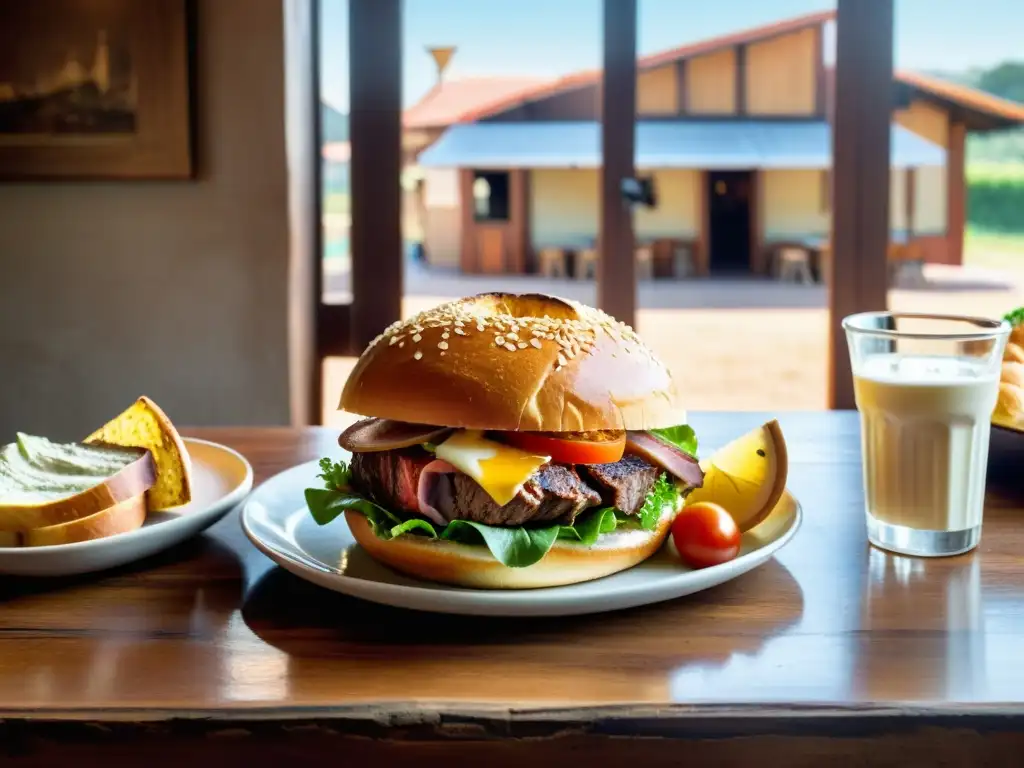 Mesa rústica sirviendo recetas autóctonas de la cocina uruguaya, con Chivito, Pascualina y Asado, bajo la cálida luz natural