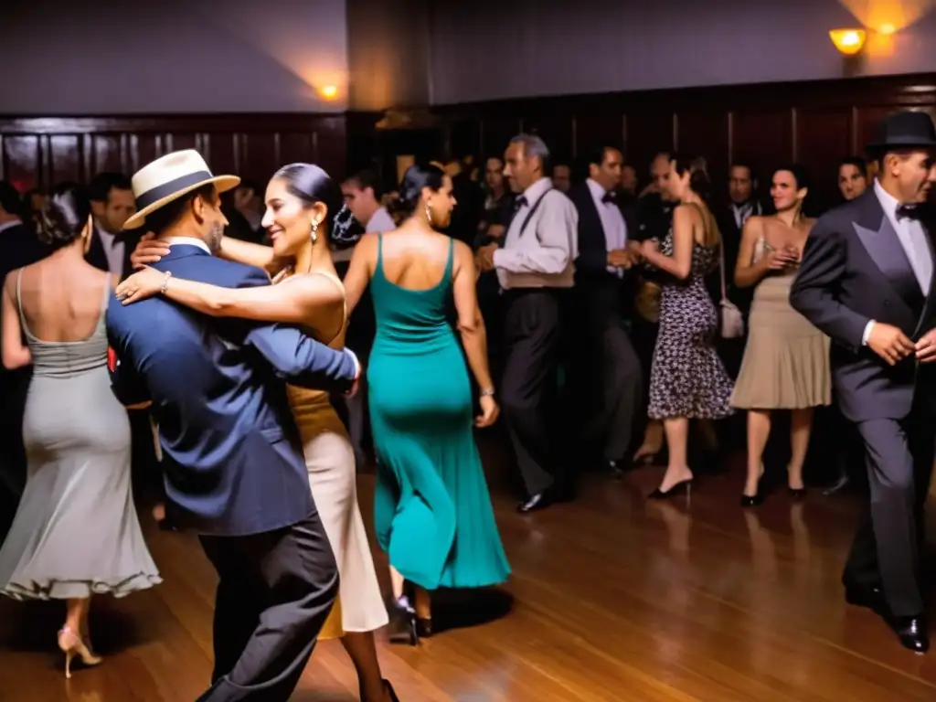 Milonga concurrida en Montevideo, reflejando los orígenes e influencias del tango uruguayo, con parejas apasionadas bailando al ritmo de la música