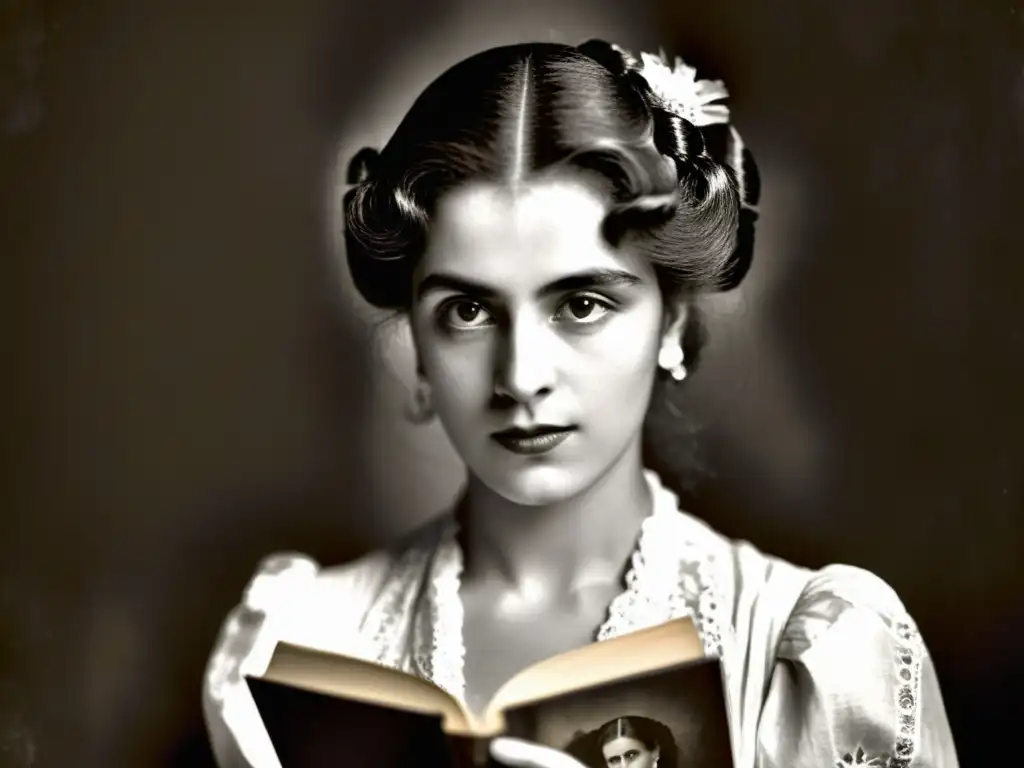 Delmira Agustini, revolución poética de Uruguay, con su mirada ardiente y libro de sonetos en una nostálgica foto sepia