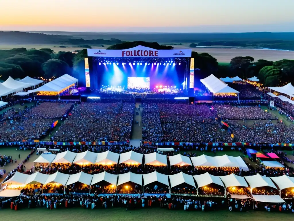 Mirada panorámica del Festival Nacional de Folclore Durazno, lleno de color, música y vibrante energía bajo un cielo dorado al atardecer