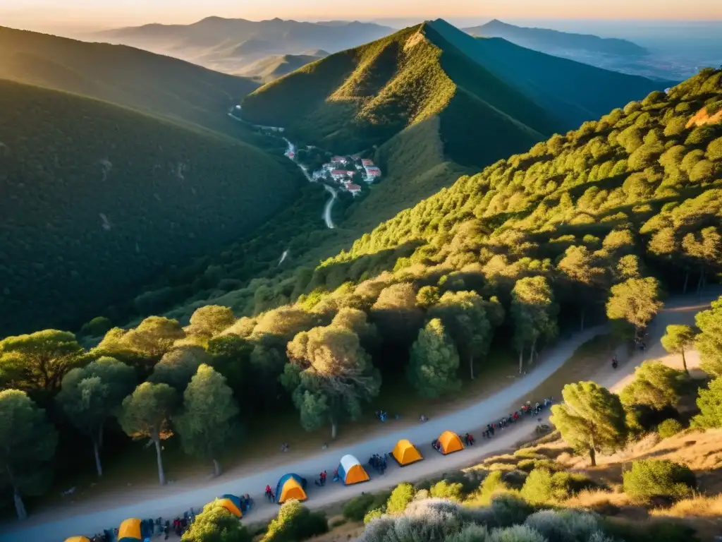 Misterios Monte Ombúes aventura alturas: amanecer vibrante con senderos bulliciosos de turistas entre tiendas y bosques de Ombú, bajo un sol dorado