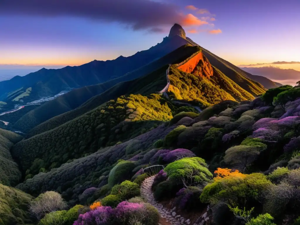 Misterios Monte Ombúes aventura alturas: vista panorámica al atardecer, cielo en llamas y silueta solitaria de aventurero