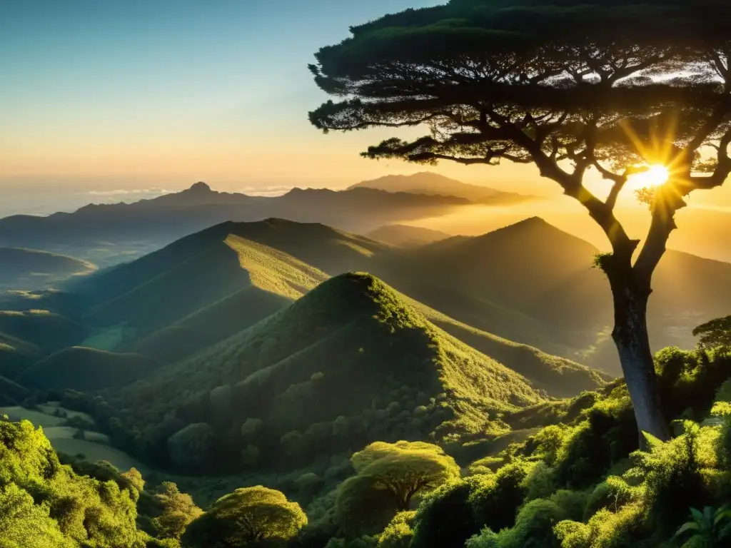 Amanecer en el Misterios Monte Ombúes, aventura y alturas esperan en el bosque denso, bajo la luz suave del alba