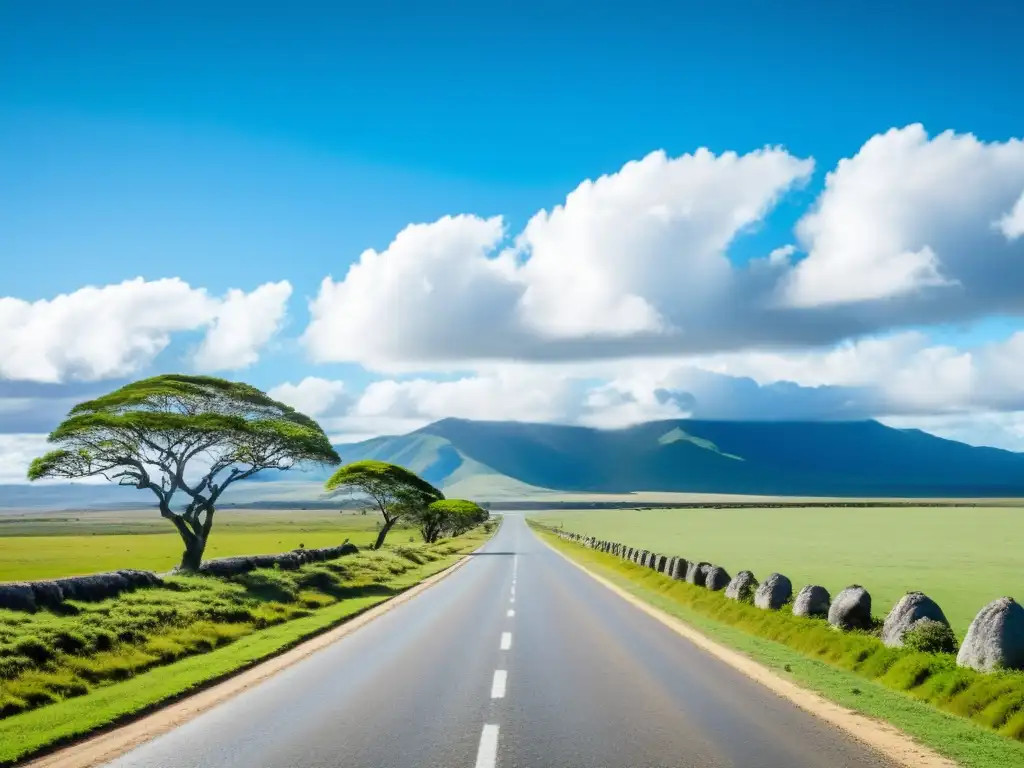 Misterios rutas escénicas Uruguay: camino sinuoso que se pierde en el horizonte uruguayo, adornado con aves pintadas y un solitario jinete