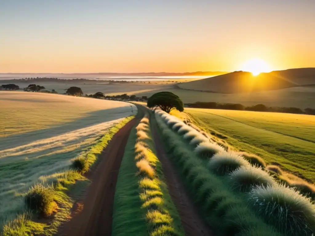 Amanecer en las misteriosas rutas escénicas de Uruguay, con el sol dorado iluminando la Ruta de la Leche, granjas y vacas pastando