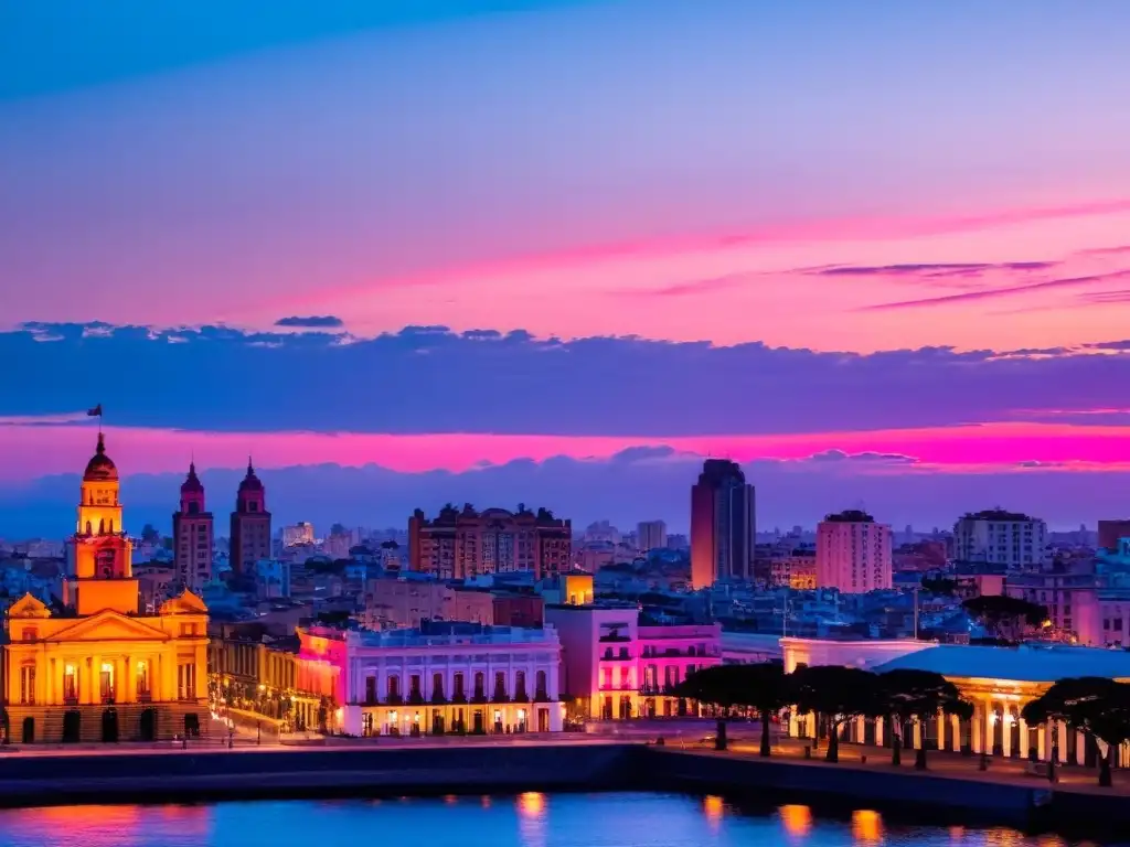 Fotografía de momentos inolvidables en Uruguay: Atardecer dorado en Montevideo, reflejando su arquitectura ecléctica y la vida en la Rambla