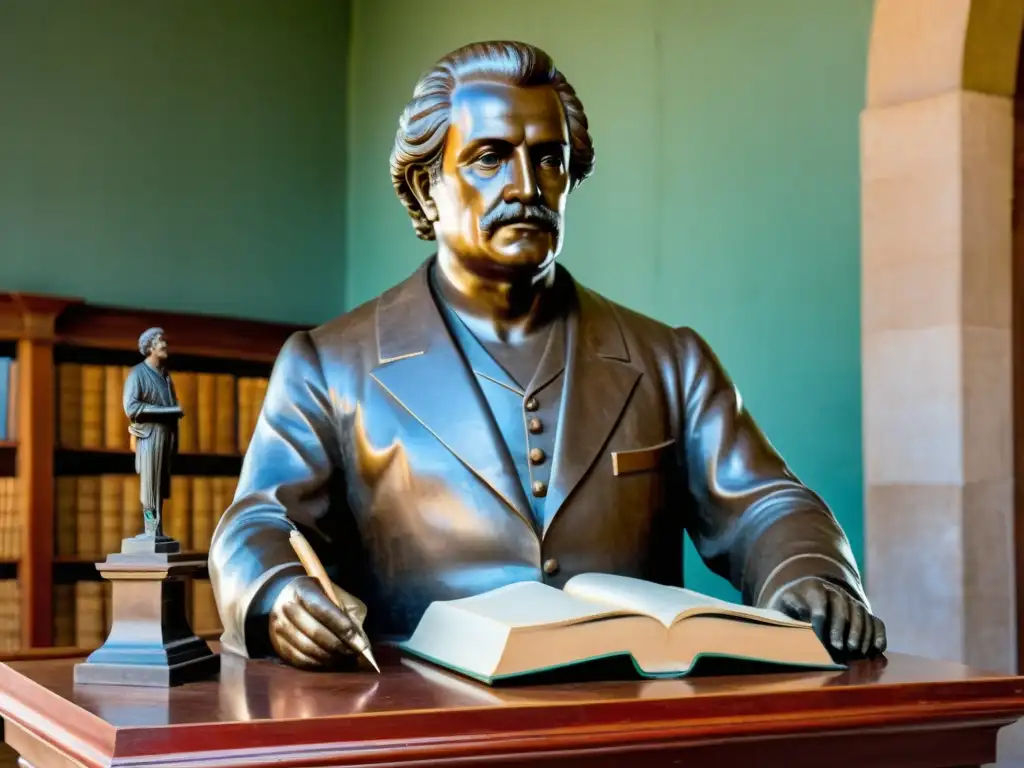 Monumento de bronce a José Pedro Varela, reflejando su legado educación política en Uruguay, bajo un cielo en tonos atardecer