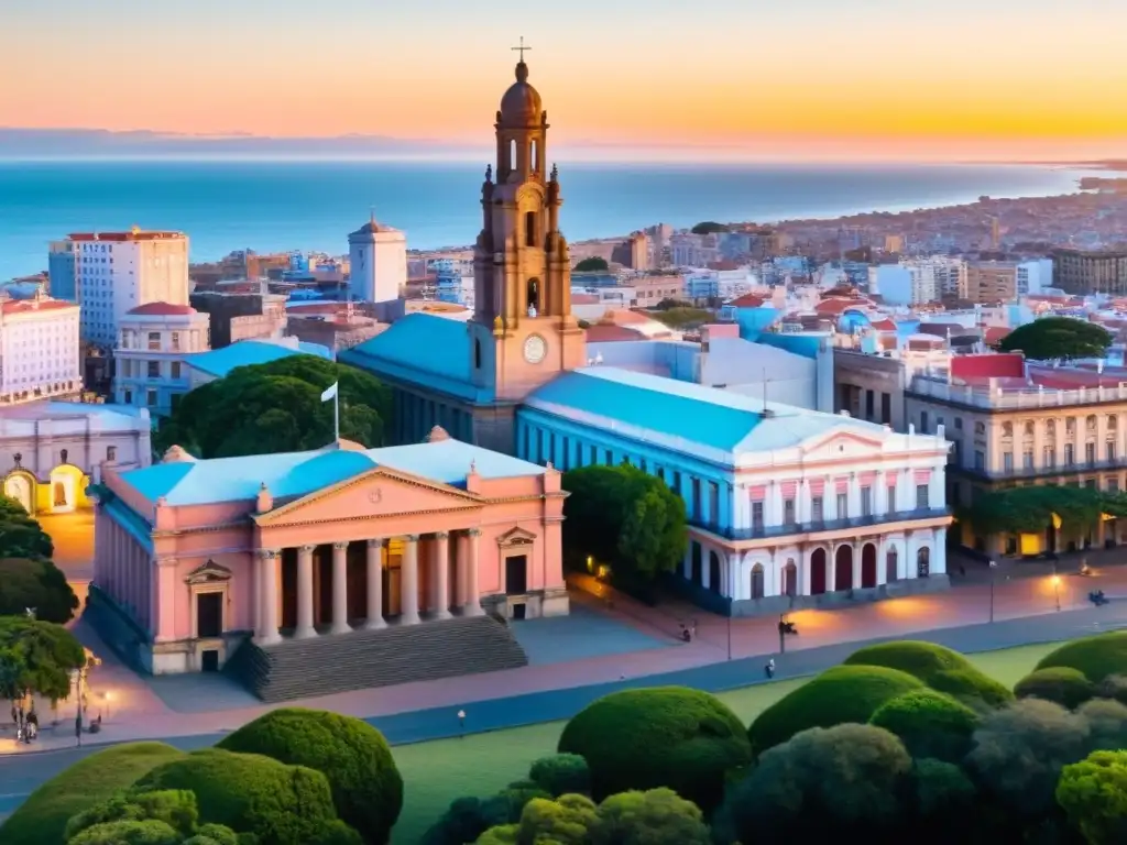 Monumentos históricos de Uruguay: El majestuoso Palacio Salvo en Montevideo, las ruinas de San Miguel y la Fortaleza de Santa Teresa, todos bañados por un atardecer suave y cálido