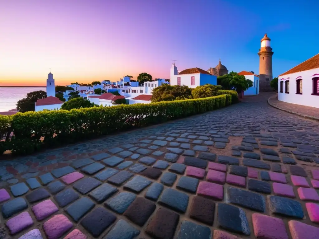 Monumentos históricos Uruguay: Vista panorámica de Colonia del Sacramento, con su faro icónico y calles empedradas bañadas por el atardecer