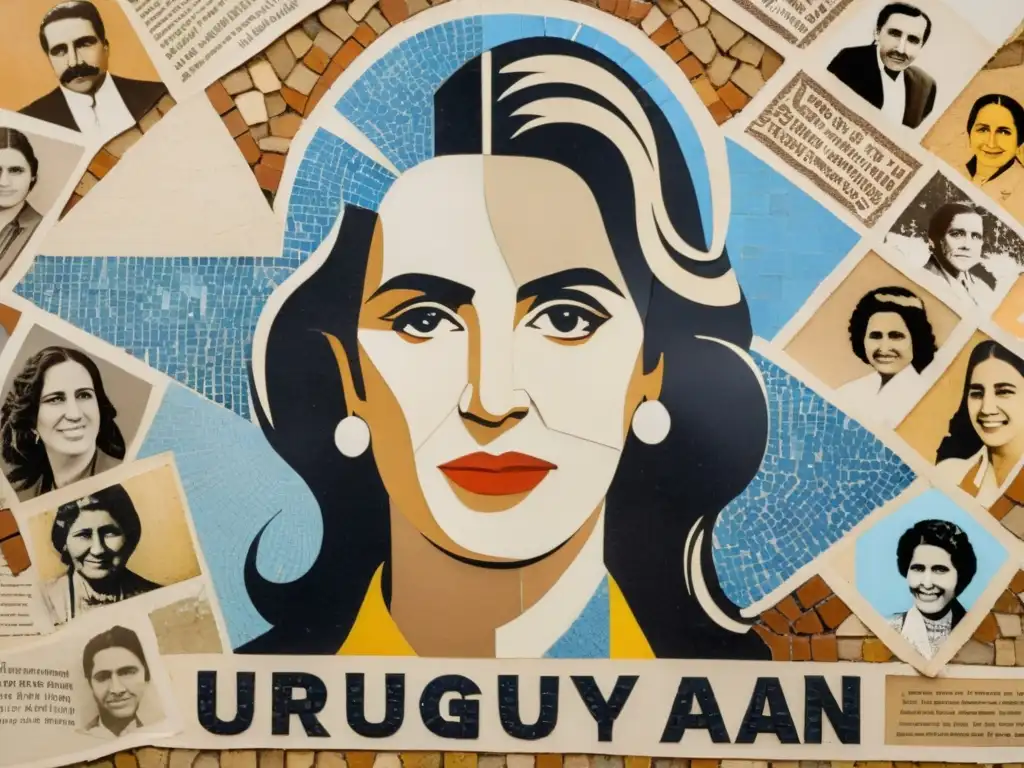 Mosaico en sepia de mujeres destacadas en la historia de Uruguay, formando una imagen conmovedora y diversa de la nación