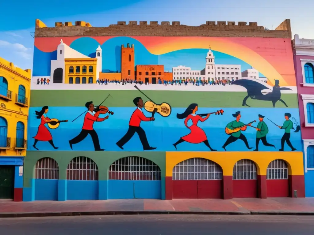 Movimiento cultural contemporáneo Uruguay: un mural vibrante y personas disfrutando del atardecer en Ciudad Vieja, Montevideo