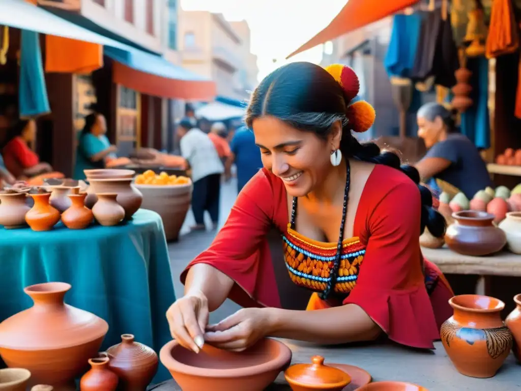 Mujer uruguaya desborda belleza y cultura de Uruguay, creando cerámica en un mercado de Montevideo bañado por el sol dorado del atardecer