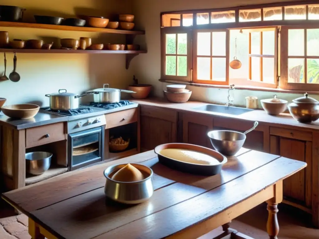 Mujer uruguaya en cocina rústica, preparando con dedicación y paciencia el tradicional dulce de leche uruguayo receta