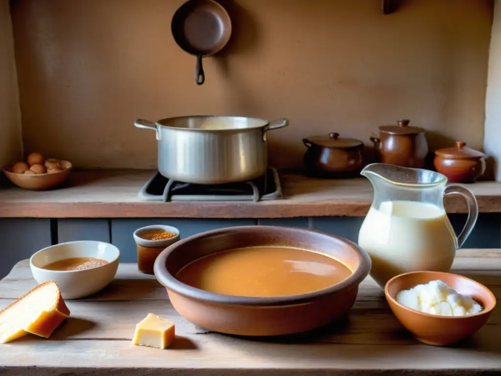 Mujer preparando dulce de leche uruguayo receta en una cocina tradicional, rodeada de ingredientes frescos y pasteles caseros, bajo la cálida luz