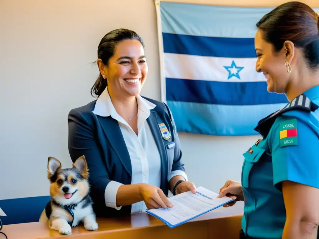 Mujer sonriente presentando documentos para viajar con mascotas a Uruguay, en una oficina bien iluminada, con su Bulldog Francés en brazos