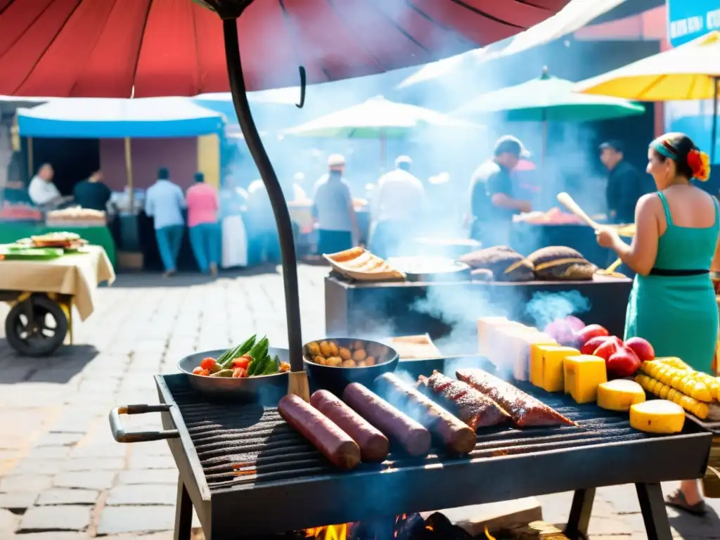 Mujer en traje típico uruguayo preparando asado en un animado mercado, historia y cultura de Uruguay representadas en la vibrante vida cotidiana