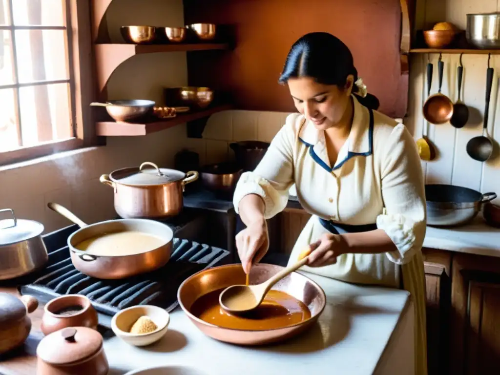 Mujer uruguaya preparando con dedicación dulce de leche uruguayo receta tradicional, rodeada de ingredientes y luz cálida