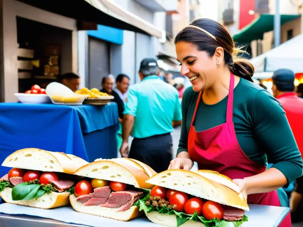 Mujer uruguaya viste traje típico, preparando un Chivito en un bullicioso mercado de Montevideo