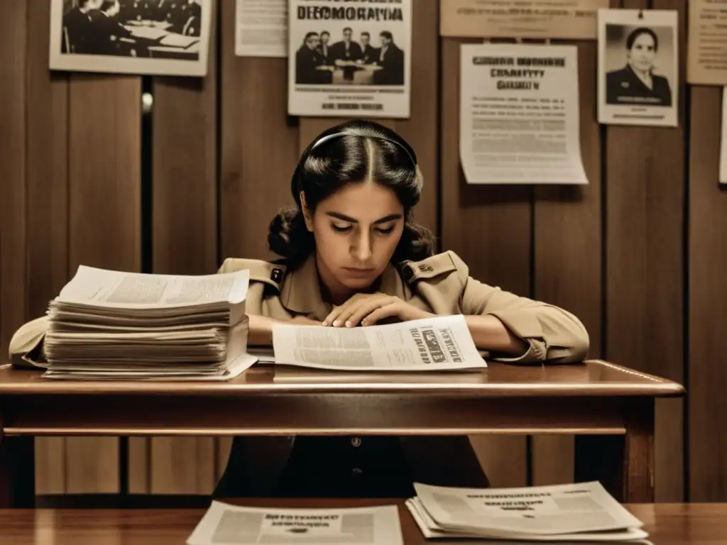 Mujeres destacadas en la historia de Uruguay desafiando la dictadura, en un ambiente sombrío y cargado de valor y temor, luchando por la democracia