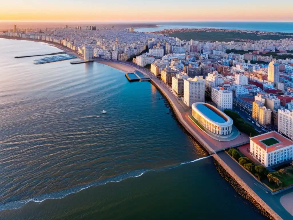 Mujeres destacadas en la historia de Uruguay, de diversas épocas, sobresaliendo en un atardecer dorado sobre Montevideo